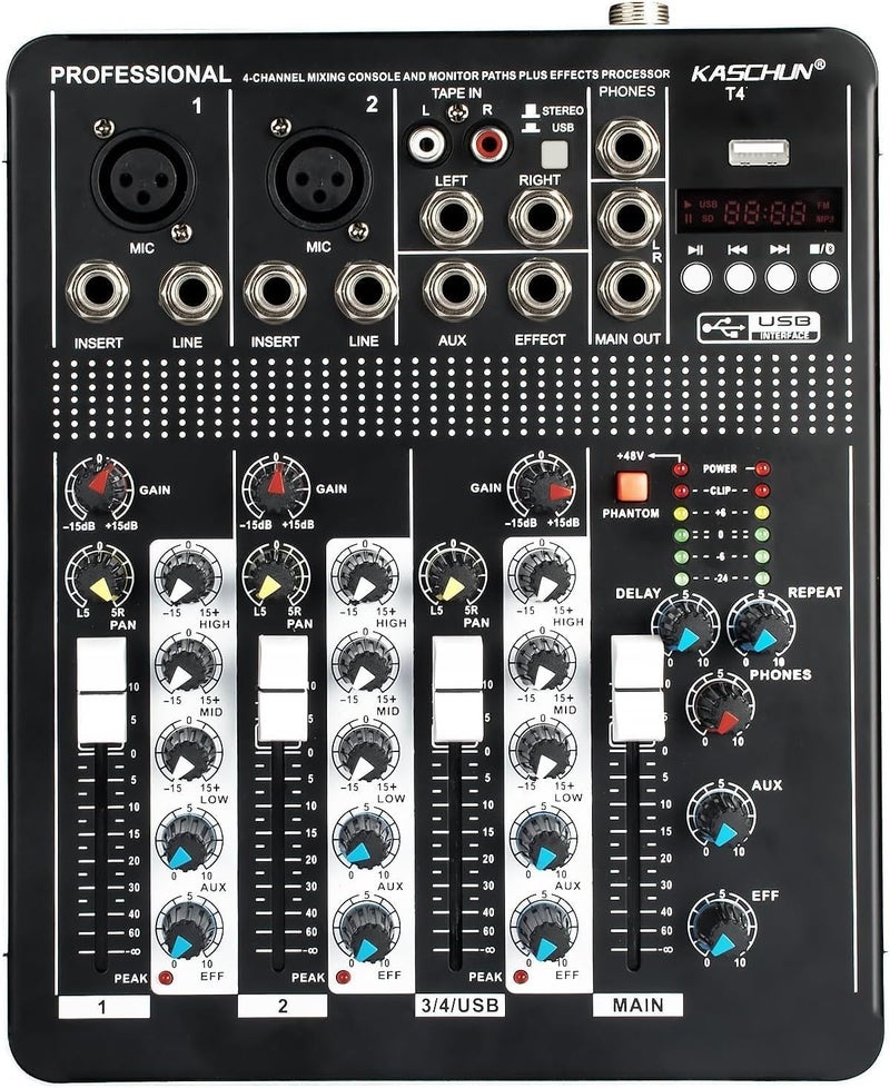 Kaschun T4 4-Channel Digital Audio Mixer with 48V Phantom Power, USB/MP3 Input, Reverb Effects for PC Recording, Parties & Weddings​ - Image 1